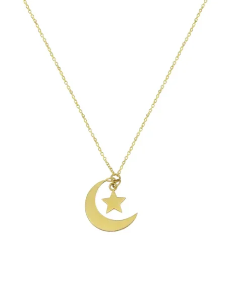 Solid 9ct Gold Crescent Moon Star Charm Necklace