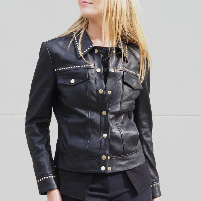 Danni Studded Leather Jean Jacket | Black