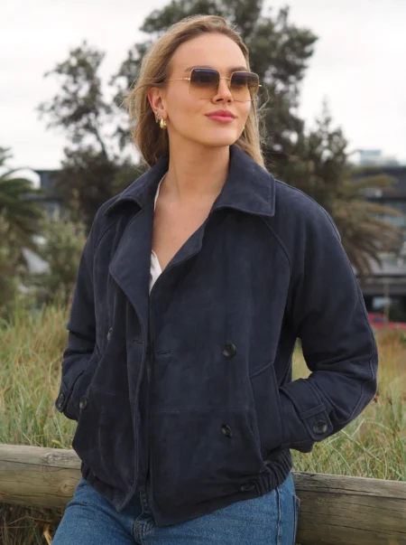 Jannie Suede Double Breasted Jacket | Navy